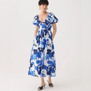 NWT J.Crew Cecily Dress Blue in Painted Floral Puff Sleeve Cotton Poplin Size 4